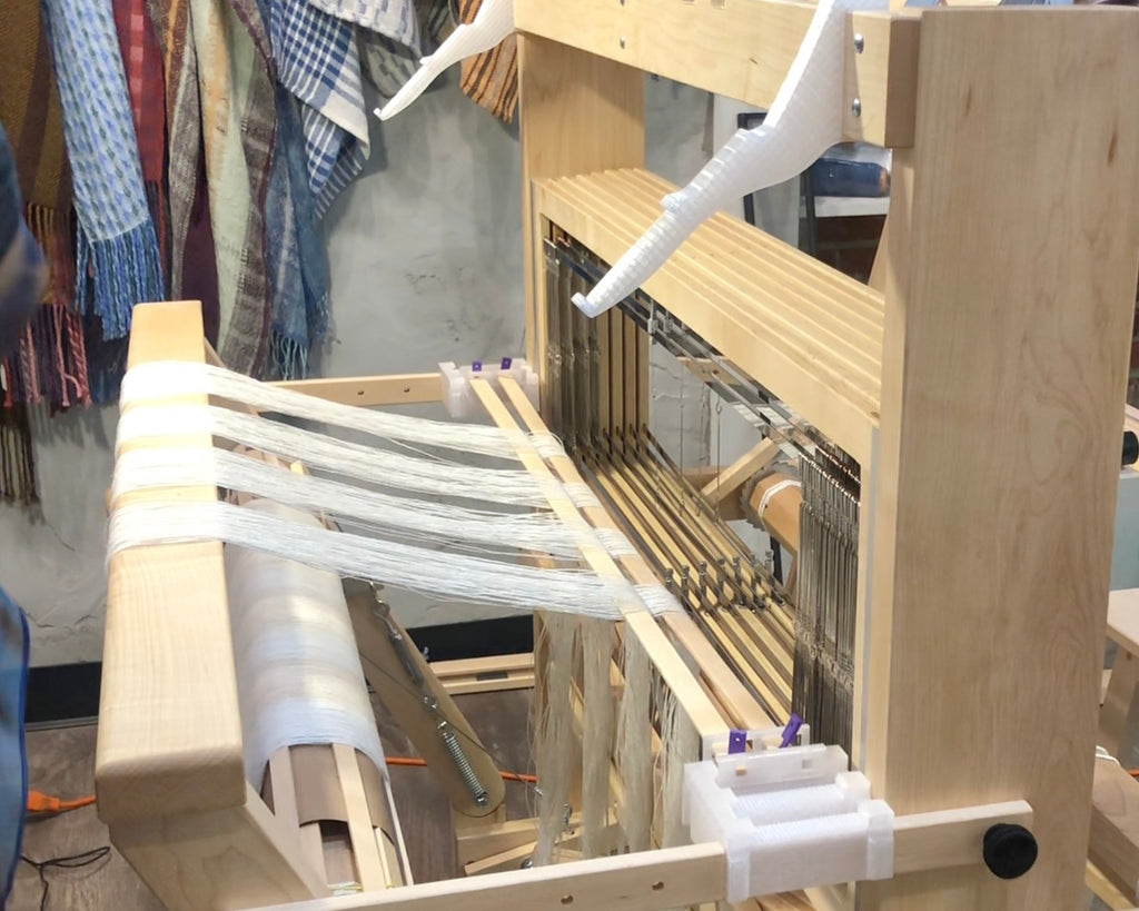 LoftyFiber Helpng Hands on a Schacht Standard weaving loom - Helpful Weaving Accessories